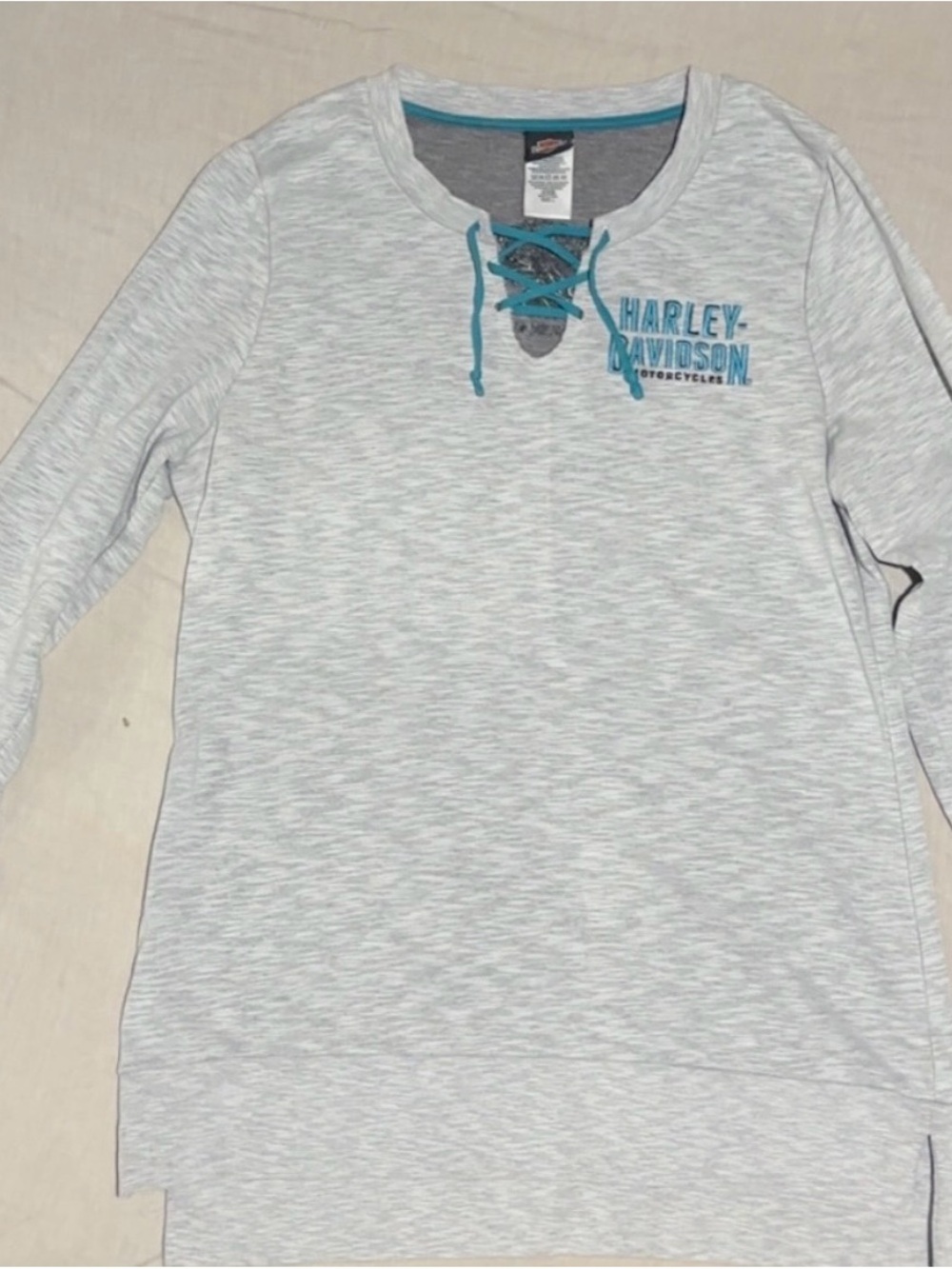 Harley-Davidson Light Gray Pullover with Turquoise Lace-Up Neckline